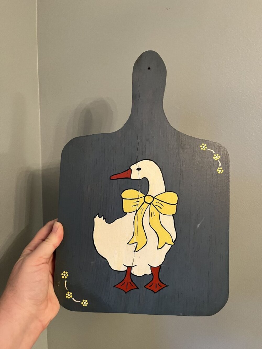 Vintage Country Goose Wooden Bread Board Blue Hand-Painted With Yellow Bow & Flo